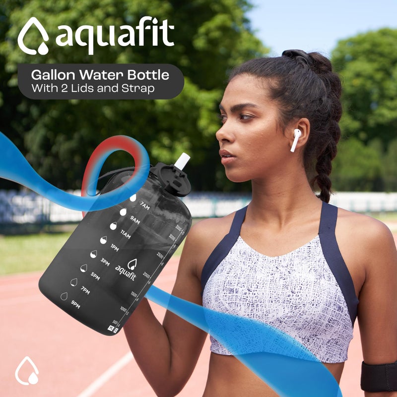 AQUAFIT 1 Gallon Water Bottle with Time Marker - Straw & Chug Lid - BPA Free Gym Water Bottle with Straw - Big Gallon Jug (Aqua, 128 oz - 2 Lids) - Image 3